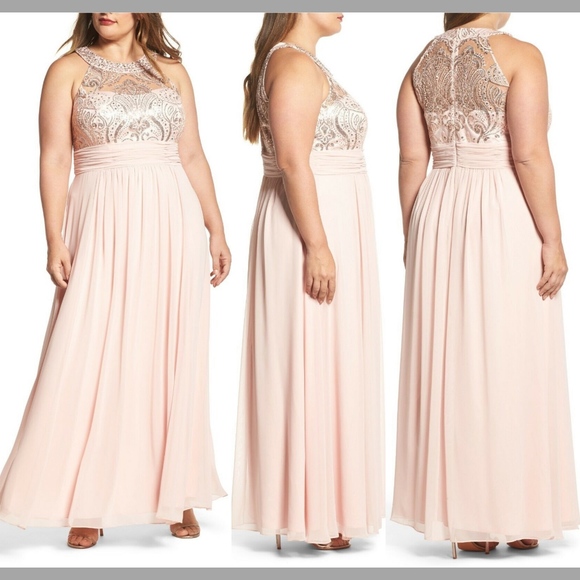 NEW Eliza J‎ Sequin & Lace Bodice Chiffon Gown in Blush Pink [PLUS SZ 16W ] - Picture 1 of 14